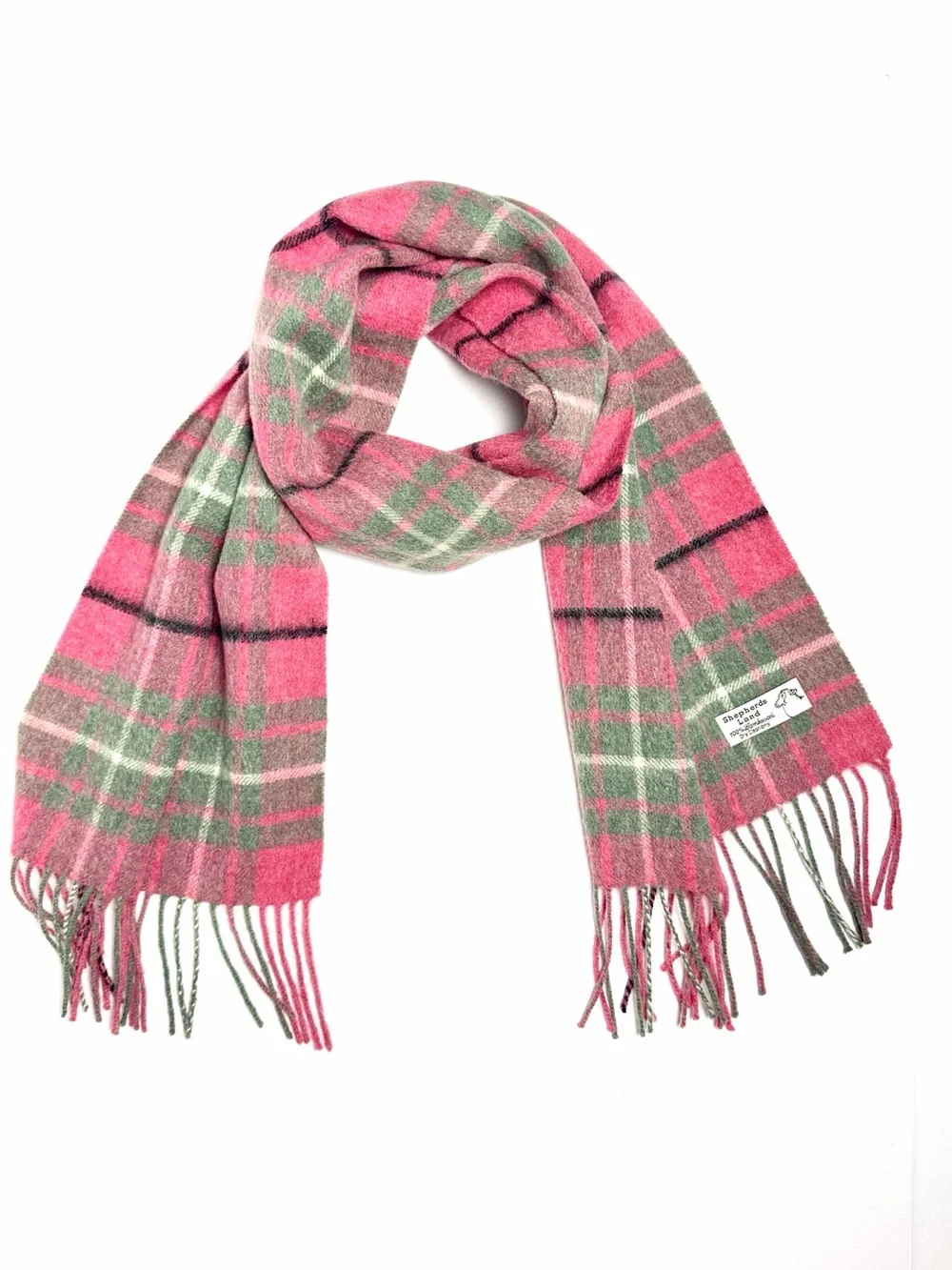 NWOT Shepard Land Lambswool Pink Green Tartan Plaid Fringed Scarf Men's Women's